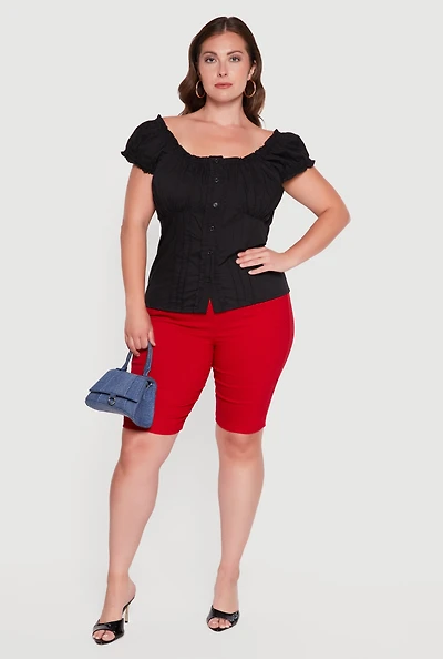 Plus Pleated Button Front Blouse