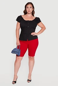 Plus Pleated Button Front Blouse