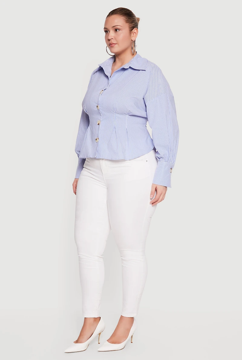 Plus Pinstripe Drop Shoulder Pleated Blouse