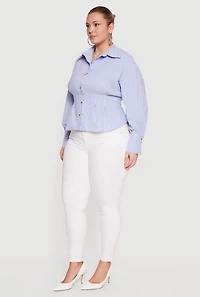 Plus Pinstripe Drop Shoulder Pleated Blouse