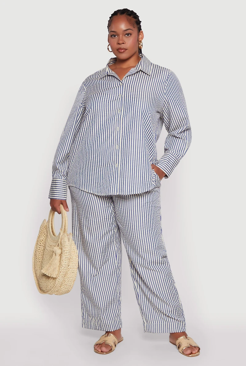 Womens Plus Size Striped Long Sleeve Button Front Shirt, Multi, Size 2X