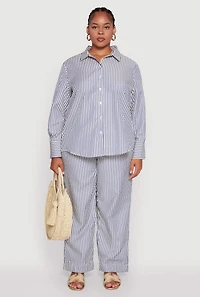 Womens Plus Size Striped Long Sleeve Button Front Shirt, Multi, Size 2X