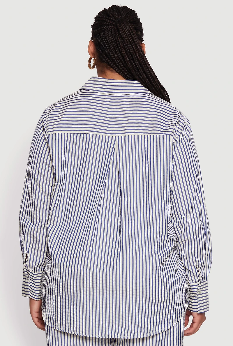 Womens Plus Size Striped Long Sleeve Button Front Shirt, Multi, Size 2X
