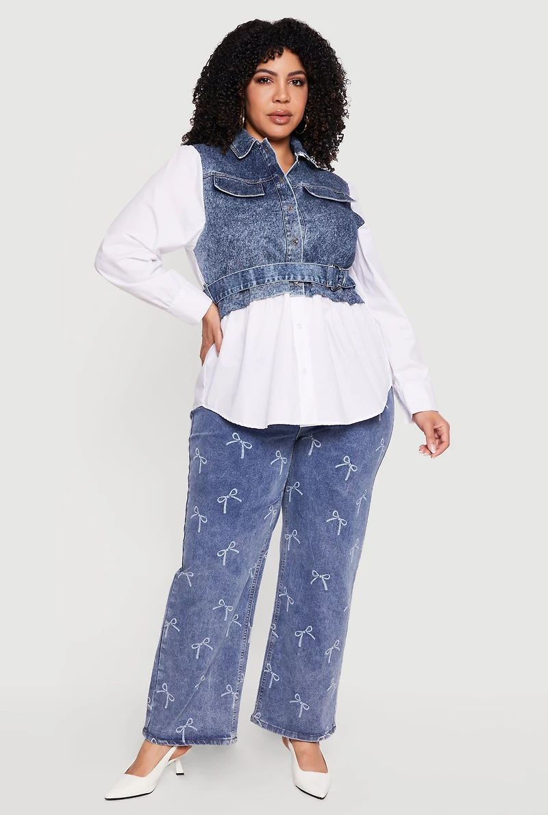 Plus Denim Button Front Poplin Shirt with Belt