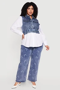 Plus Denim Button Front Poplin Shirt with Belt
