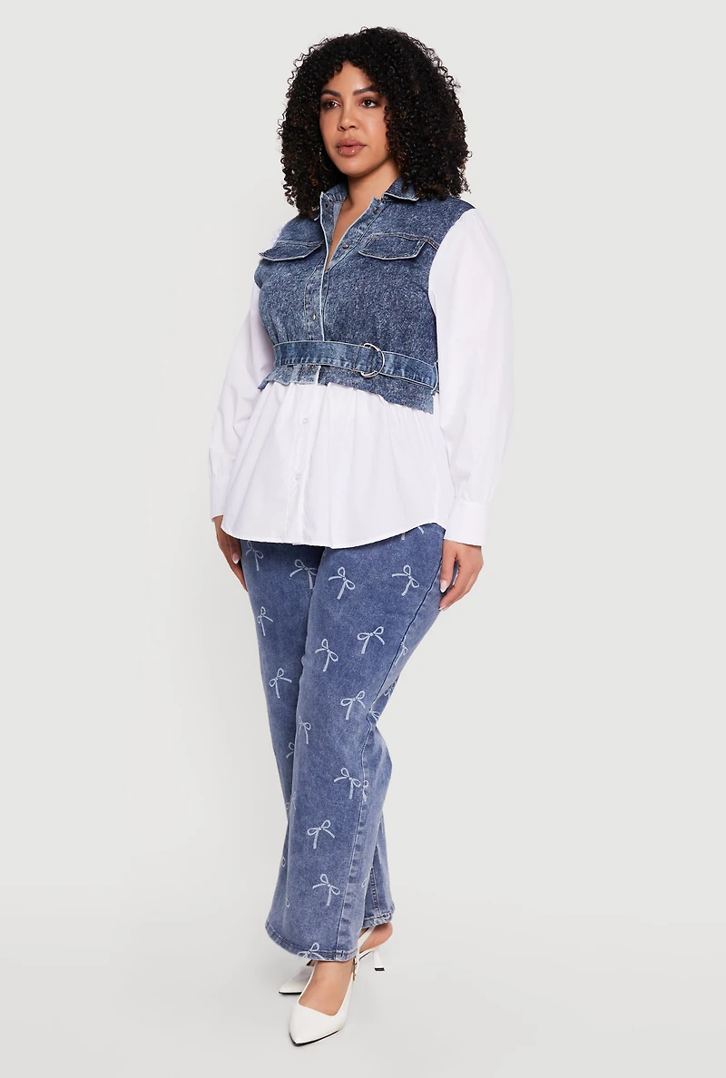 Plus Denim Button Front Poplin Shirt with Belt