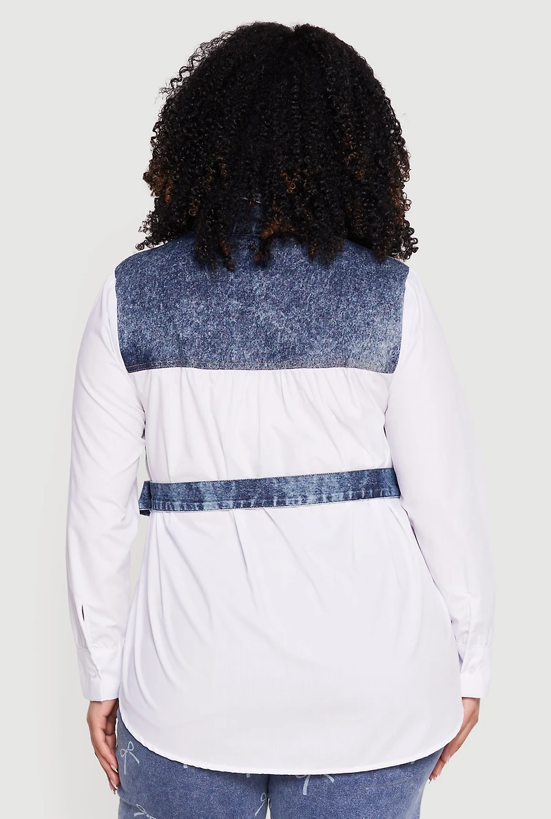 Plus Denim Button Front Poplin Shirt with Belt