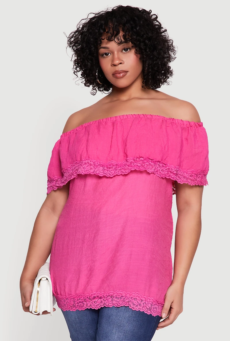 Plus Lace Trim Off The Shoulder Blouse