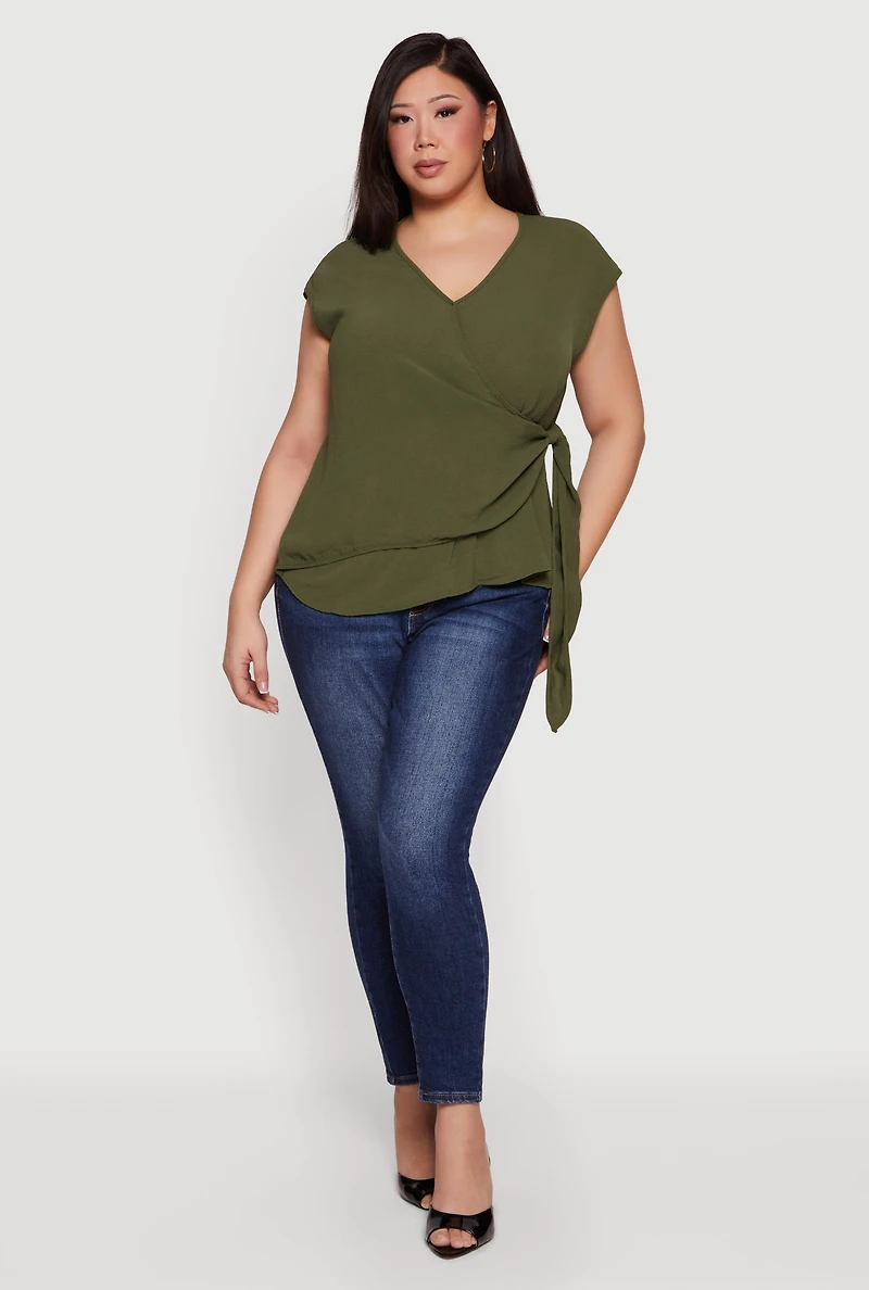 Plus Asymmetrical Tie Side Faux Wrap Top