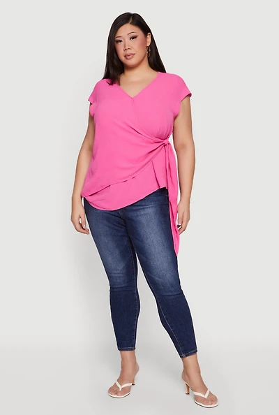 Plus Asymmetrical Tie Side Faux Wrap Top
