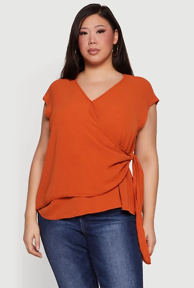 Plus Asymmetrical Tie Side Faux Wrap Top