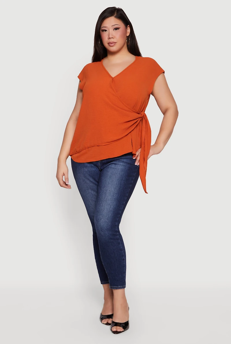 Plus Asymmetrical Tie Side Faux Wrap Top