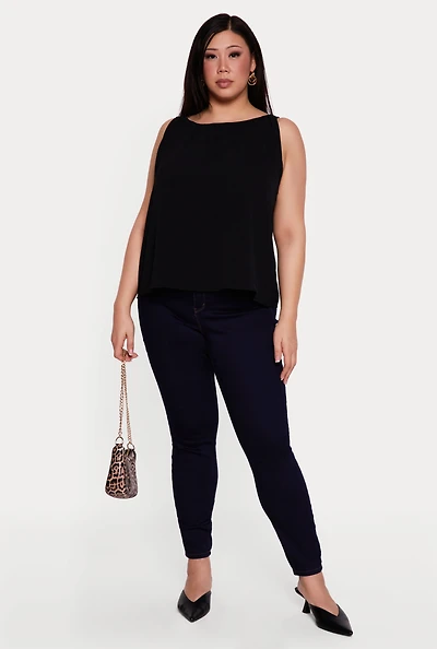 Plus Sleeveless Ruched Neck Crepe Knit Blouse
