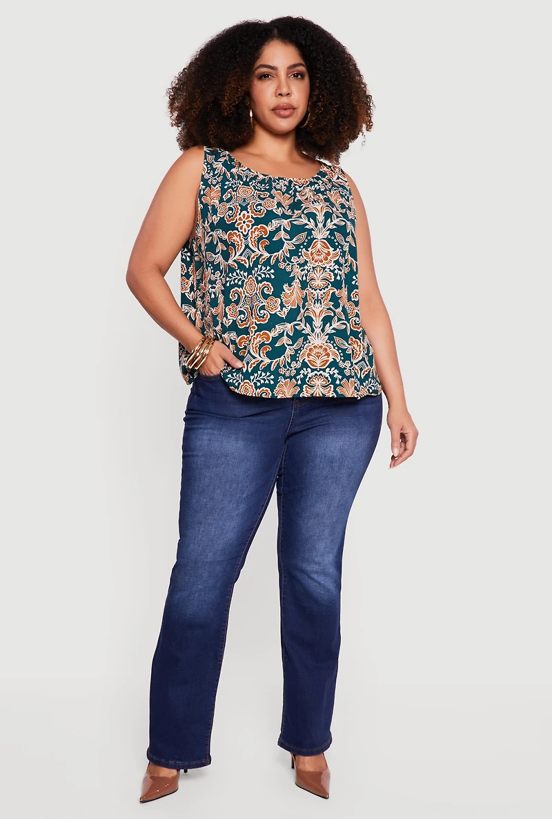 Womens Plus Size Floral Patterned Tank Top, Green, Size 1X