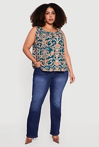 Womens Plus Size Floral Patterned Tank Top, Green, Size 1X