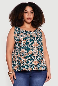 Womens Plus Size Floral Patterned Tank Top, Green, Size 1X