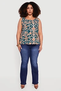 Womens Plus Size Floral Patterned Tank Top, Green, Size 1X