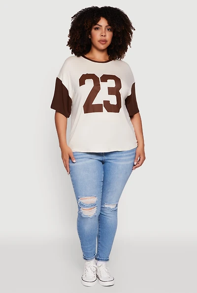 Womens Plus Size 23 Color Blocked Short Sleeve Graphic Tee, Beige, Size 1X