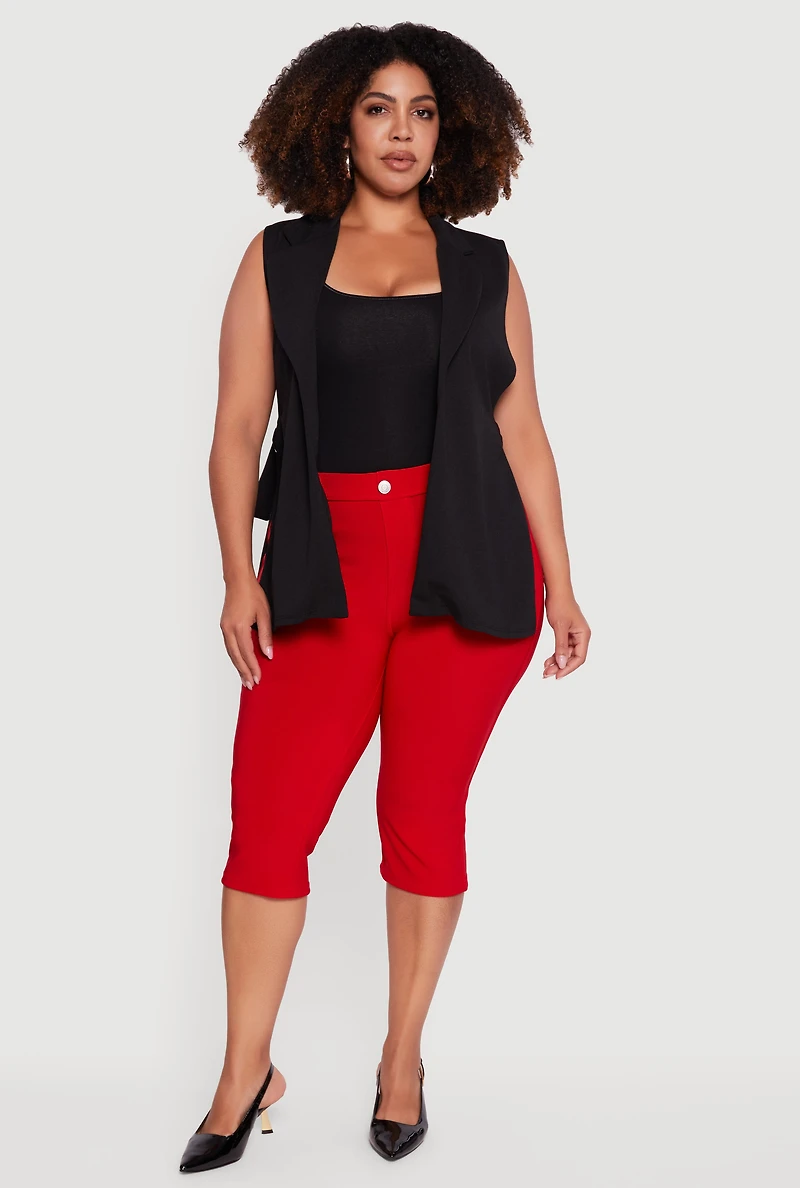 Womens Plus Size Crepe Knit Open Belted Side Blazer Vest, Black, Size 3X