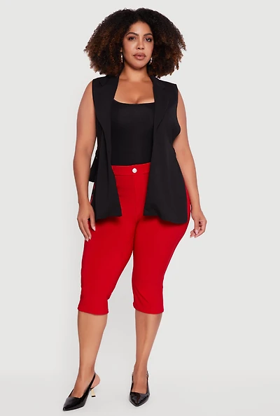 Womens Plus Size Crepe Knit Open Belted Side Blazer Vest, Black, Size 3X