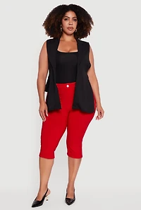 Womens Plus Size Crepe Knit Open Belted Side Blazer Vest, Black, Size 3X