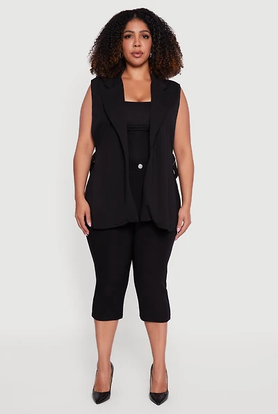 Womens Plus Crepe Knit Open Belted Side Blazer Vest,