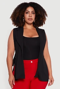 Womens Plus Size Crepe Knit Open Belted Side Blazer Vest, Black, Size 3X