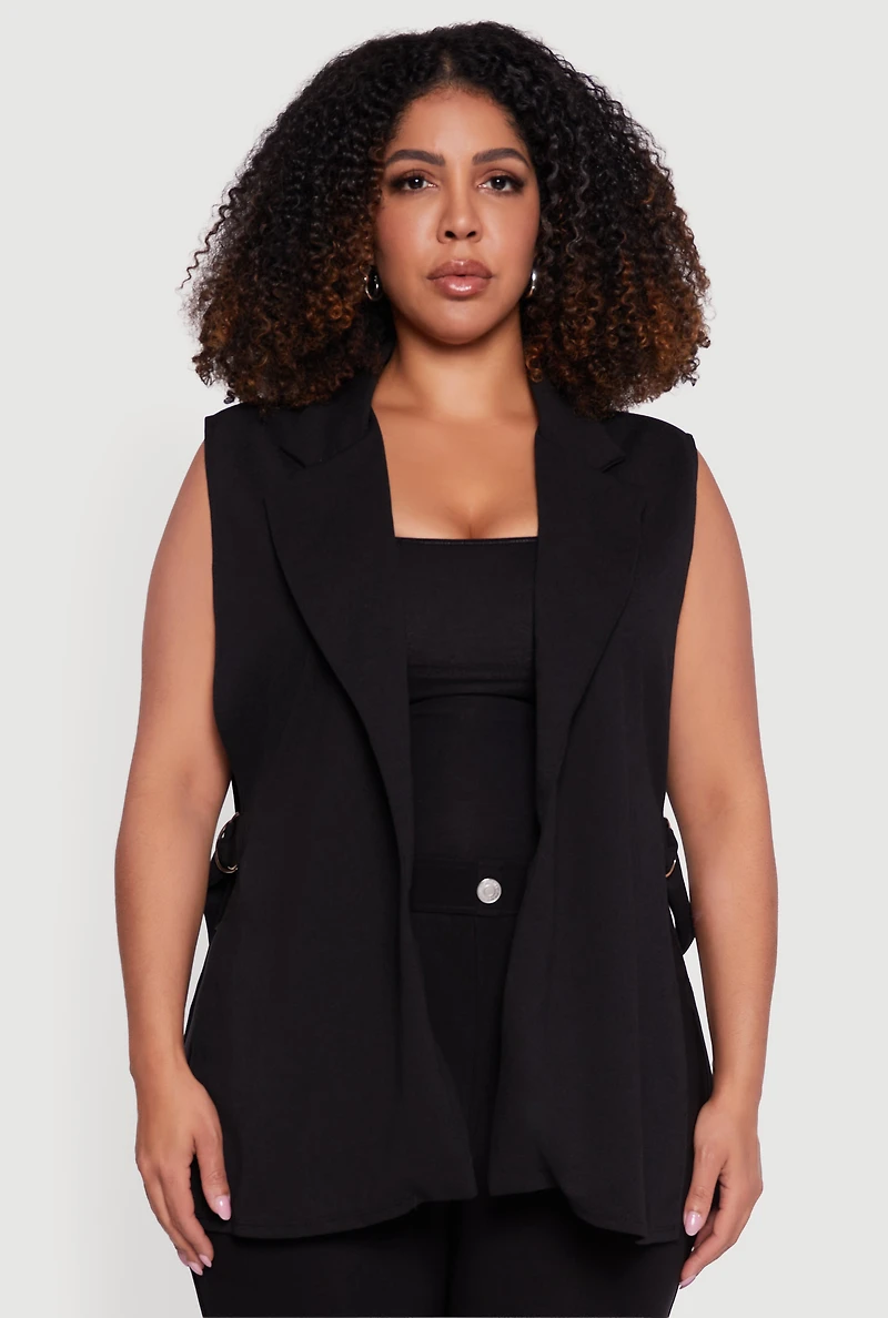 Womens Plus Crepe Knit Open Belted Side Blazer Vest, Black,