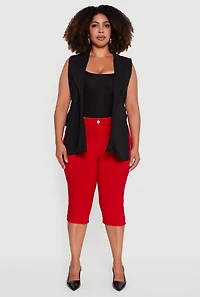 Womens Plus Size Crepe Knit Open Belted Side Blazer Vest, Black, Size 3X