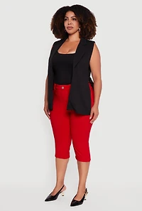 Womens Plus Size Crepe Knit Open Belted Side Blazer Vest, Black, Size 3X