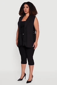 Womens Plus Crepe Knit Open Belted Side Blazer Vest, Black,