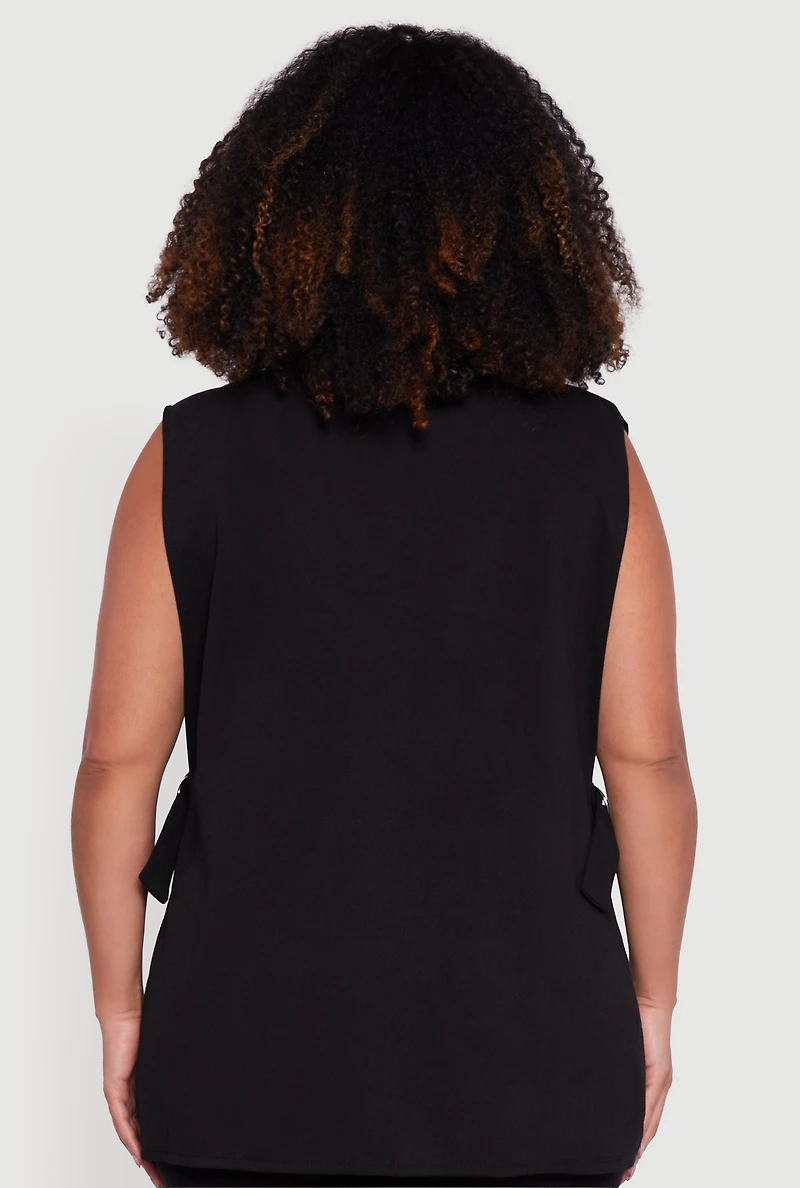 Womens Plus Crepe Knit Open Belted Side Blazer Vest, Black,