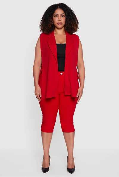 Plus Crepe Knit Open Belted Side Blazer Vest