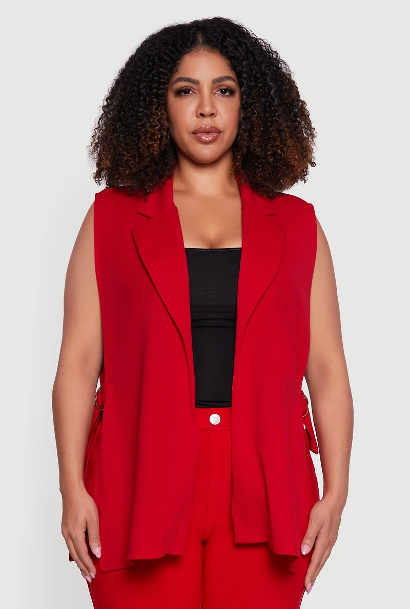 Plus Crepe Knit Open Belted Side Blazer Vest