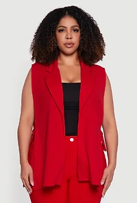 Plus Crepe Knit Open Belted Side Blazer Vest