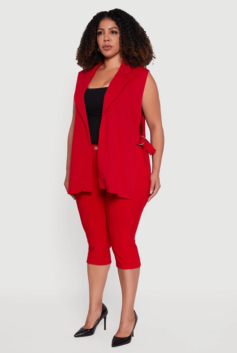 Plus Crepe Knit Open Belted Side Blazer Vest