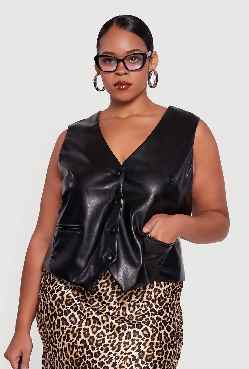 Womens Plus Size Faux Leather Button Front Vest, Black, Size 3X