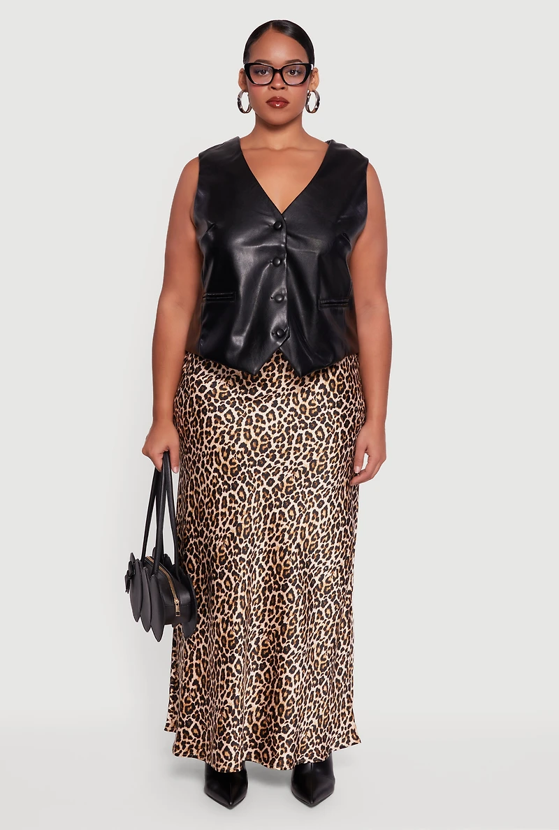 Womens Plus Size Faux Leather Button Front Vest, Black, Size 3X