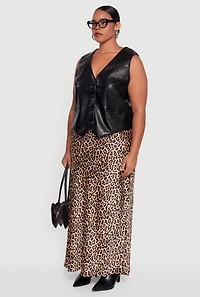 Womens Plus Size Faux Leather Button Front Vest, Black, Size 3X