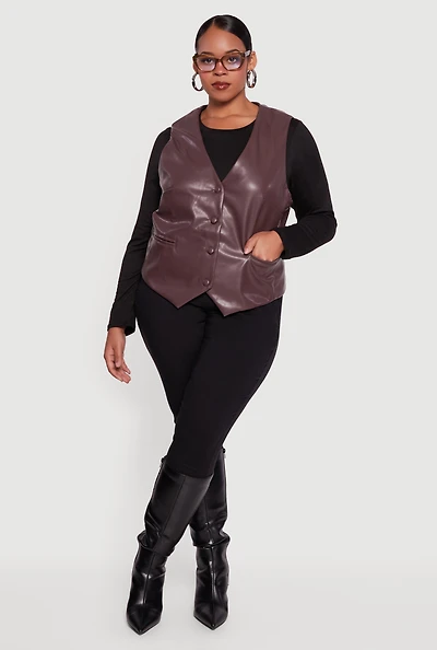 Plus Faux Leather Button Front Vest