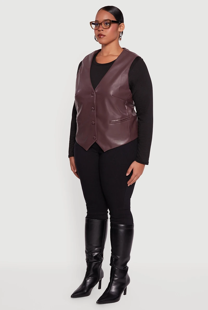 Plus Faux Leather Button Front Vest