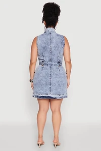 Womens Plus Size Denim Acid Wash Sleeveless Dress with Belt, Blue, Size 1X