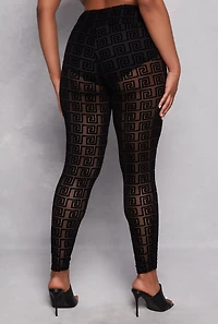 Womens Plus Size Velvet Burnout Greek Key Leggings, Black, Size 3X