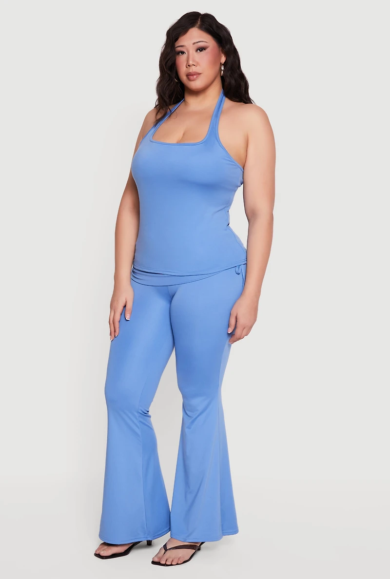 Plus Drawstring Fold Over Waist Flare Leg Pants