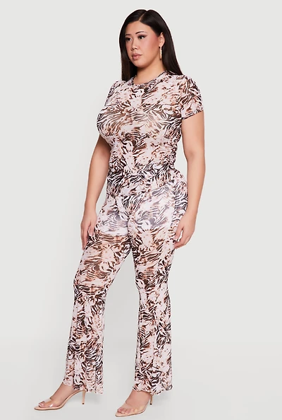 Plus Printed Pattern Flare Leg Mesh Pants
