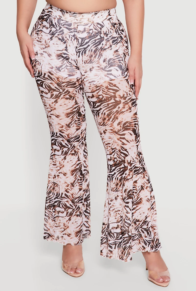 Plus Printed Pattern Flare Leg Mesh Pants