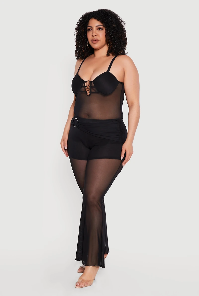 Plus O Ring Belted Front Mesh Flare Leg Pants