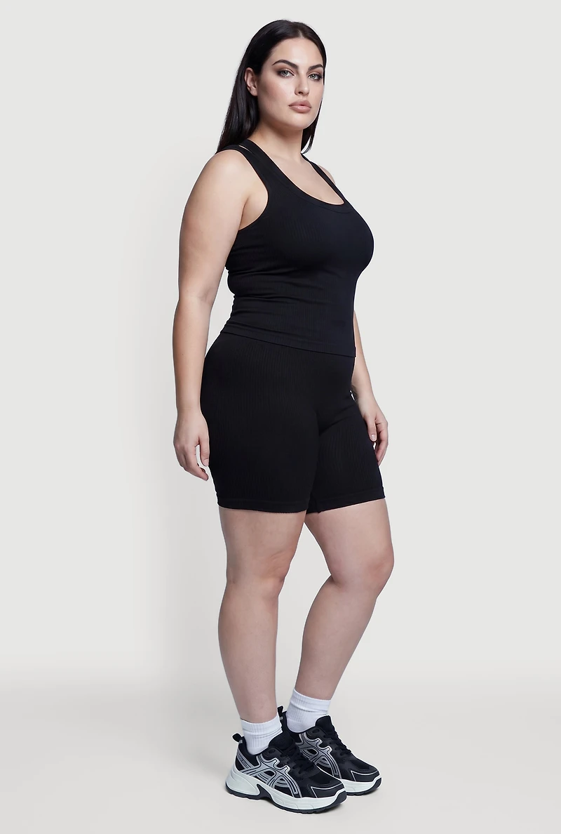 Plus High Waisted Ribbed Knit Seamless Bike Shorts