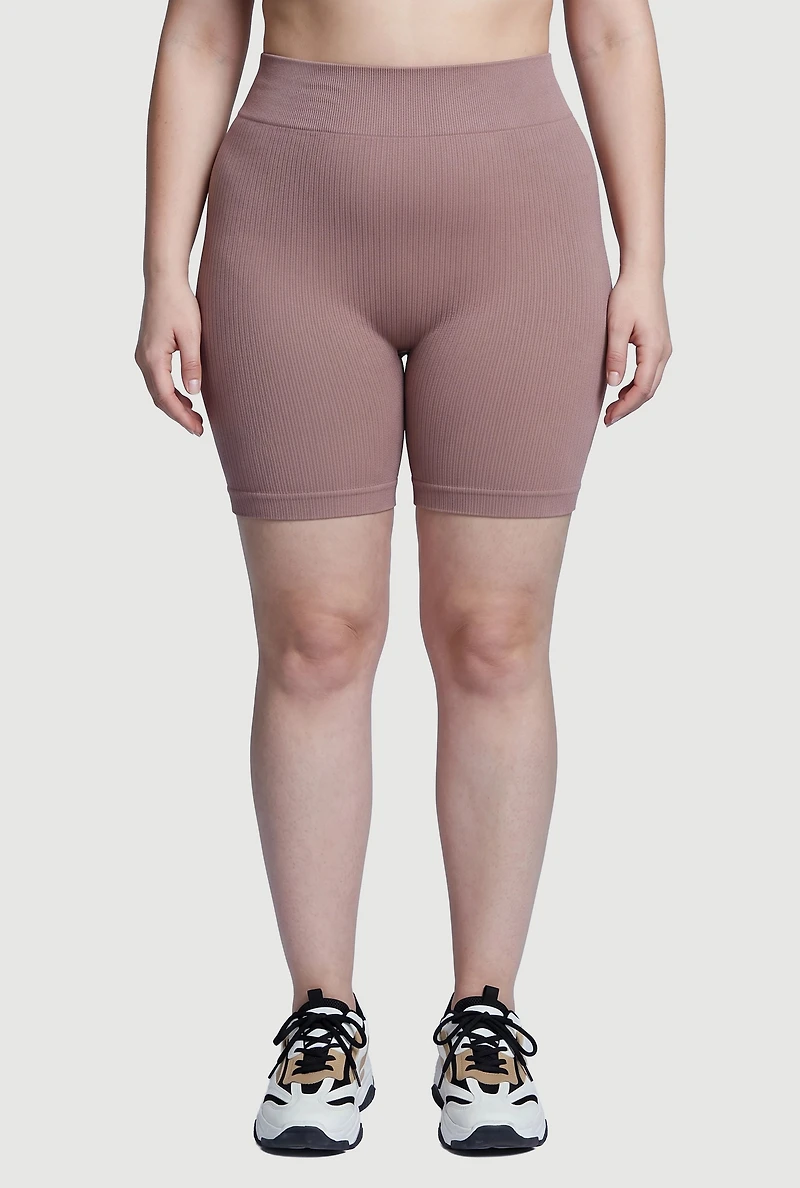 Plus High Waisted Ribbed Knit Seamless Bike Shorts