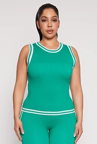 Womens Plus Size Seamless Varsity Stripe Trim Tank Top, Green, Size 1X-2X
